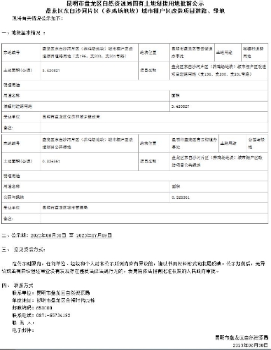 昆明市盘龙区自然资源局国有土地划拨用地批前公示-盘龙区东白沙河片区（养鸡场地块）城市棚户区改造项目道路、绿地